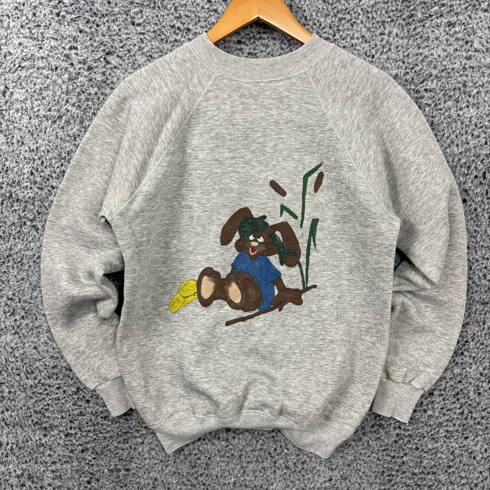 Vintage 80s Bunny Cartoon Graphic Sweatshirt Adult Large Gray Fleece Funny